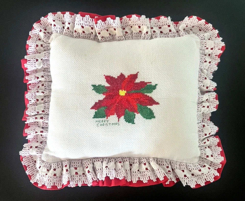 Cross Stitched Merry Christmas Poinsettia Throw Pillow Lace Ruffle Red Back VTG
